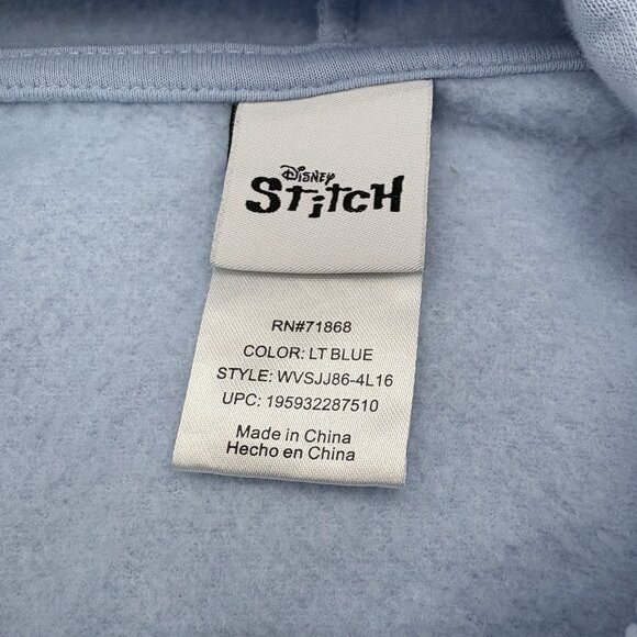 STITCH Disney Ohana Lilo & Stitch Light BLUE Hoodie Zip‎ Jacket SZ Medium Casual - Picture 8 of 13